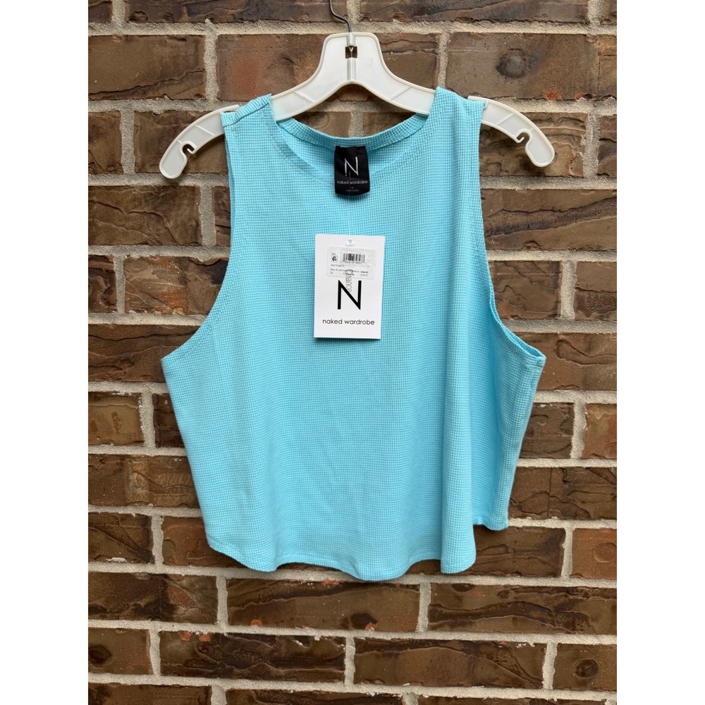 Naked Wardrobe Baby Blue Waffle Knit Crop Tank Top NW-T5468-TH Womens‎ 2X NEW